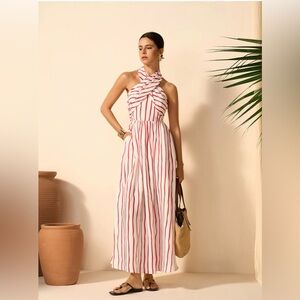 Commense Red and White Striped Halter Maxi Dress